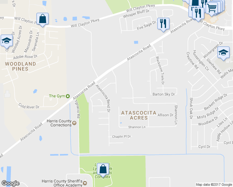 map of restaurants, bars, coffee shops, grocery stores, and more near 17319 Wigeon Way Drive in Humble