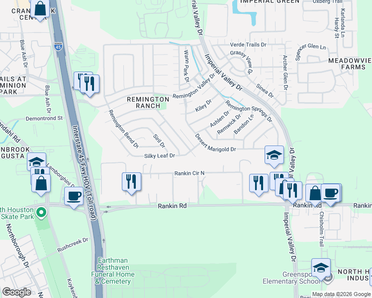 map of restaurants, bars, coffee shops, grocery stores, and more near 18802 Remington Park Drive in Houston