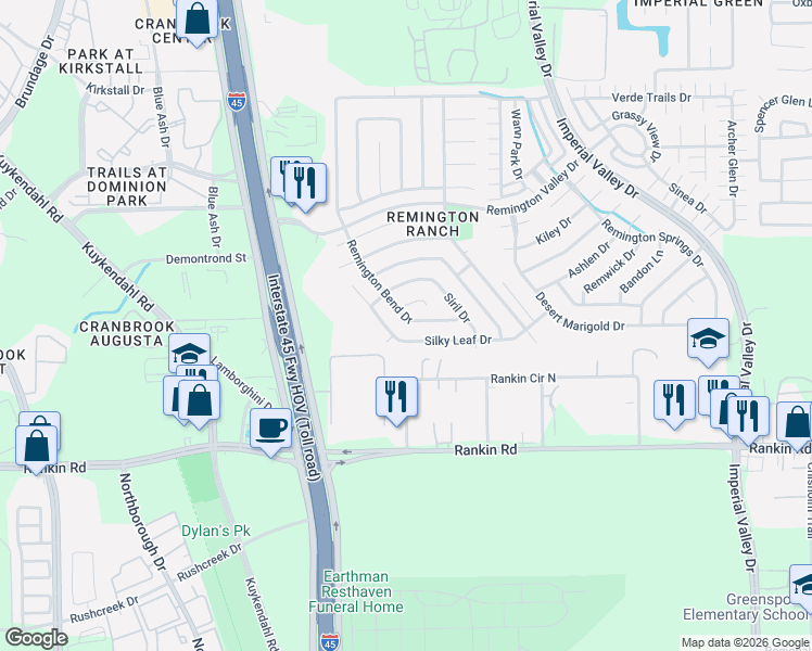 map of restaurants, bars, coffee shops, grocery stores, and more near 19007 Remington Bend Drive in Houston