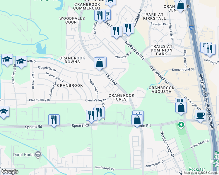 map of restaurants, bars, coffee shops, grocery stores, and more near 13913 Ella Boulevard in Houston