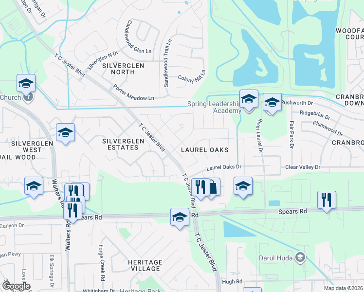 map of restaurants, bars, coffee shops, grocery stores, and more near 12602 Laurel Nook Way in Houston