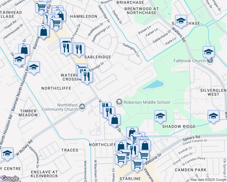 map of restaurants, bars, coffee shops, grocery stores, and more near 12731 Veterans Ranch Road in Houston