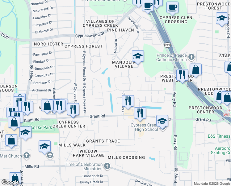 map of restaurants, bars, coffee shops, grocery stores, and more near 10315 Summit Bridge Lane in Houston
