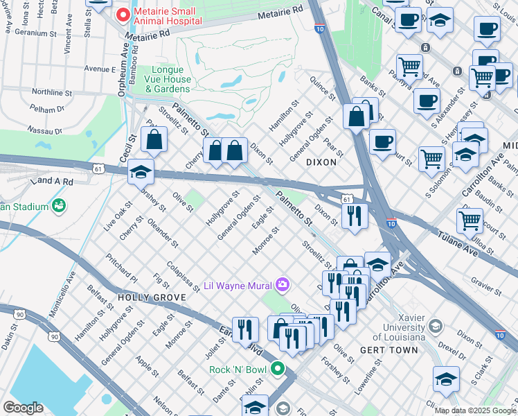 map of restaurants, bars, coffee shops, grocery stores, and more near 8818 Stroelitz Street in New Orleans