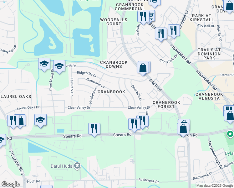 map of restaurants, bars, coffee shops, grocery stores, and more near 1450 Plumwood Drive in Houston