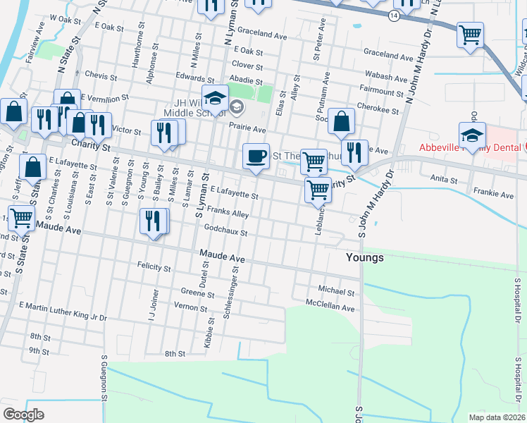 map of restaurants, bars, coffee shops, grocery stores, and more near Massena Street in Abbeville