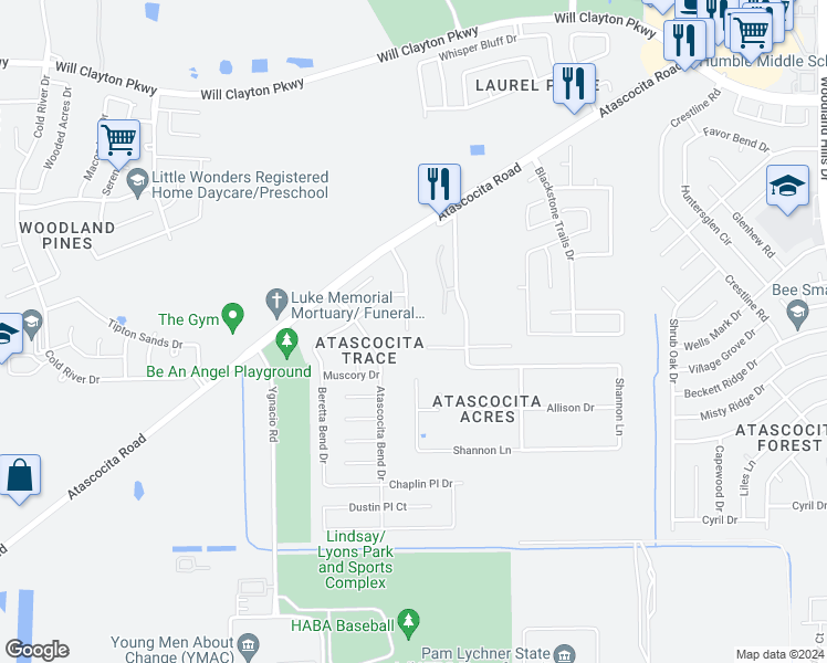 map of restaurants, bars, coffee shops, grocery stores, and more near 17314 Wigeon Way Drive in Humble