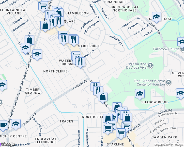 map of restaurants, bars, coffee shops, grocery stores, and more near 4255 Southchase Ln in Houston