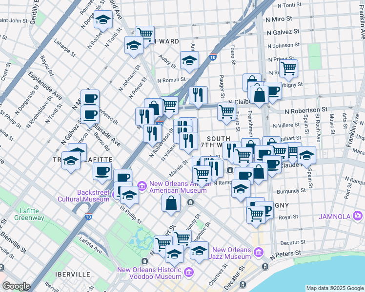 map of restaurants, bars, coffee shops, grocery stores, and more near 1348 Saint Bernard Avenue in New Orleans