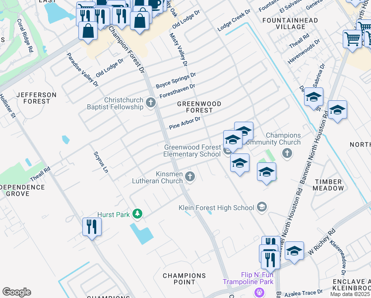 map of restaurants, bars, coffee shops, grocery stores, and more near 5607 Spanish Oak Drive in Houston
