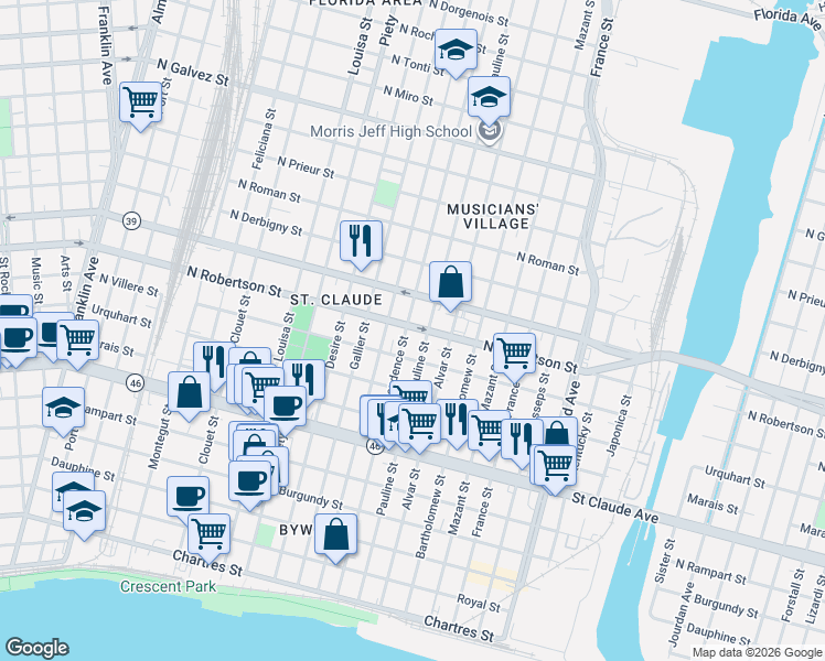 map of restaurants, bars, coffee shops, grocery stores, and more near 1441 Pauline Street in New Orleans