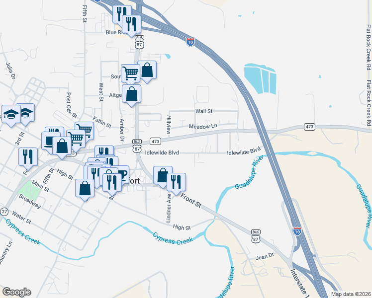 map of restaurants, bars, coffee shops, grocery stores, and more near 124 Idlewilde Boulevard in Comfort