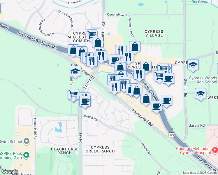 map of restaurants, bars, coffee shops, grocery stores, and more near 26026 Old Washington Road in Harris County