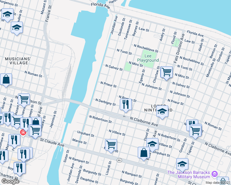 map of restaurants, bars, coffee shops, grocery stores, and more near 1810 Reynes Street in New Orleans