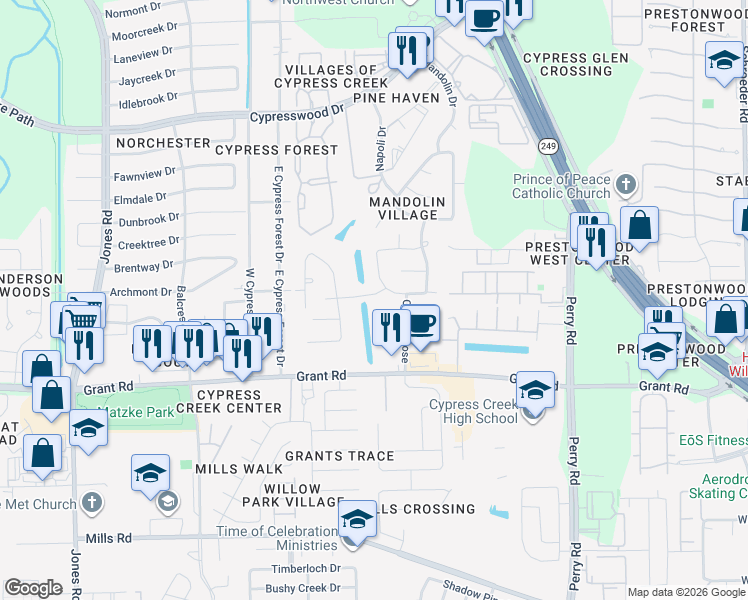 map of restaurants, bars, coffee shops, grocery stores, and more near 10315 Summit Bridge Ln in Houston