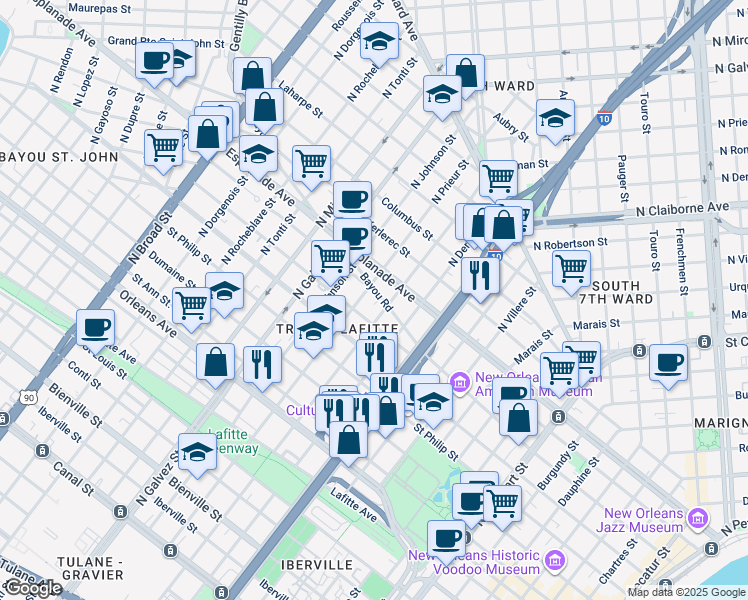 map of restaurants, bars, coffee shops, grocery stores, and more near 1216 North Prieur Street in New Orleans