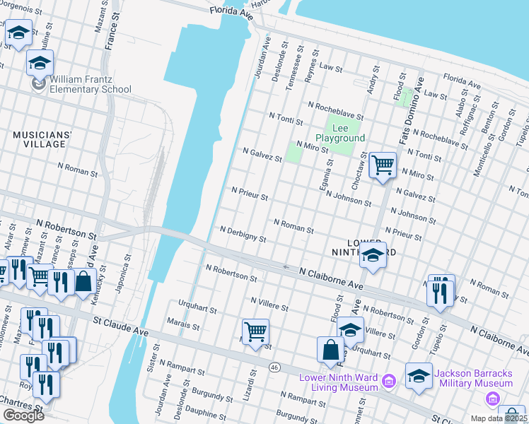 map of restaurants, bars, coffee shops, grocery stores, and more near 1810 Reynes Street in New Orleans