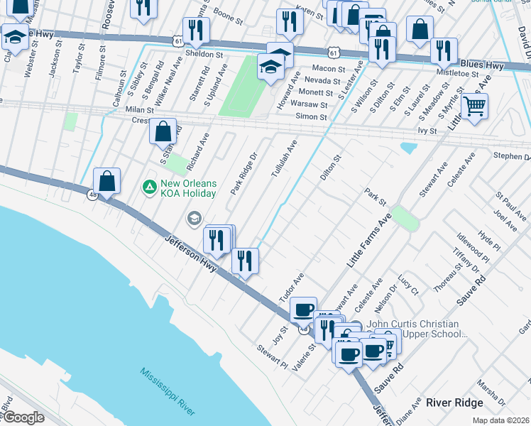 map of restaurants, bars, coffee shops, grocery stores, and more near 517 Arnold Avenue in River Ridge