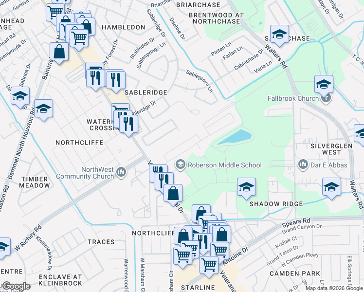 map of restaurants, bars, coffee shops, grocery stores, and more near 4159 Farmers Pass Road in Houston