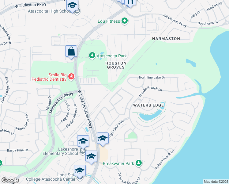 map of restaurants, bars, coffee shops, grocery stores, and more near 16943 Lake Arlington Lane in Houston