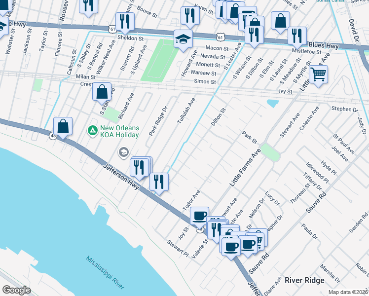 map of restaurants, bars, coffee shops, grocery stores, and more near 517 Arnold Avenue in River Ridge