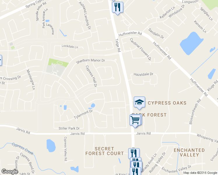 map of restaurants, bars, coffee shops, grocery stores, and more near 13934 Prospect Point Drive in Cypress