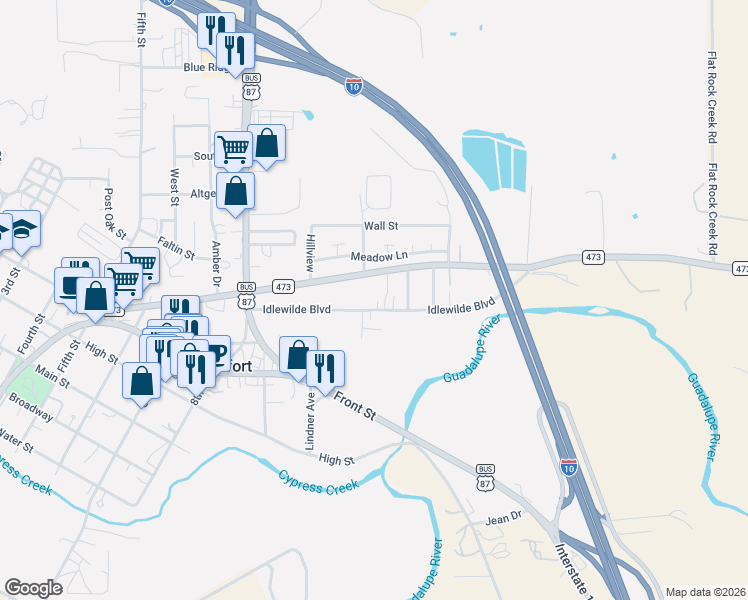 map of restaurants, bars, coffee shops, grocery stores, and more near 130 Idlewilde Boulevard in Comfort