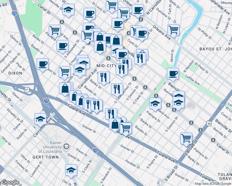 map of restaurants, bars, coffee shops, grocery stores, and more near 321 South Telemachus Street in New Orleans