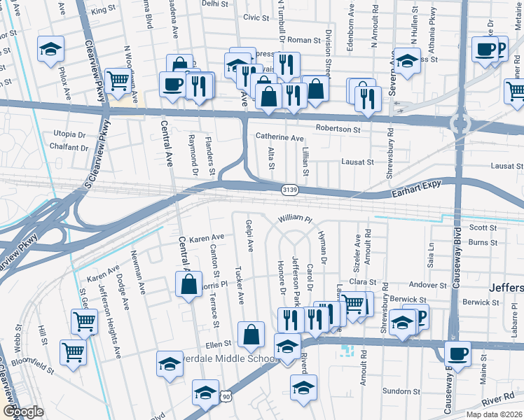 map of restaurants, bars, coffee shops, grocery stores, and more near 721 Jefferson Park West in Jefferson