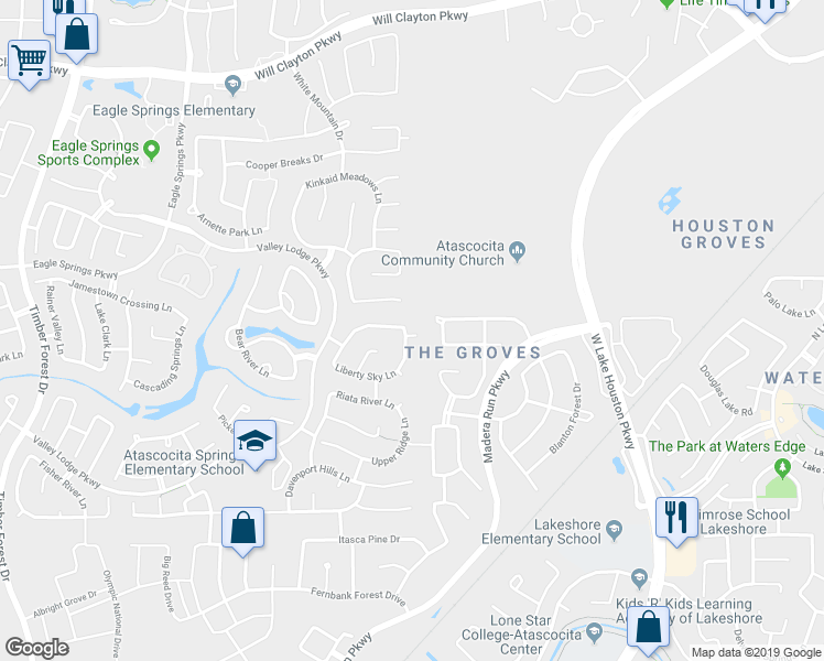 map of restaurants, bars, coffee shops, grocery stores, and more near 17530 Stoney Rise Lane in Humble