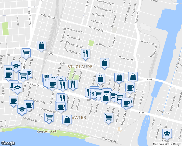 map of restaurants, bars, coffee shops, grocery stores, and more near 1435 Congress Street in New Orleans