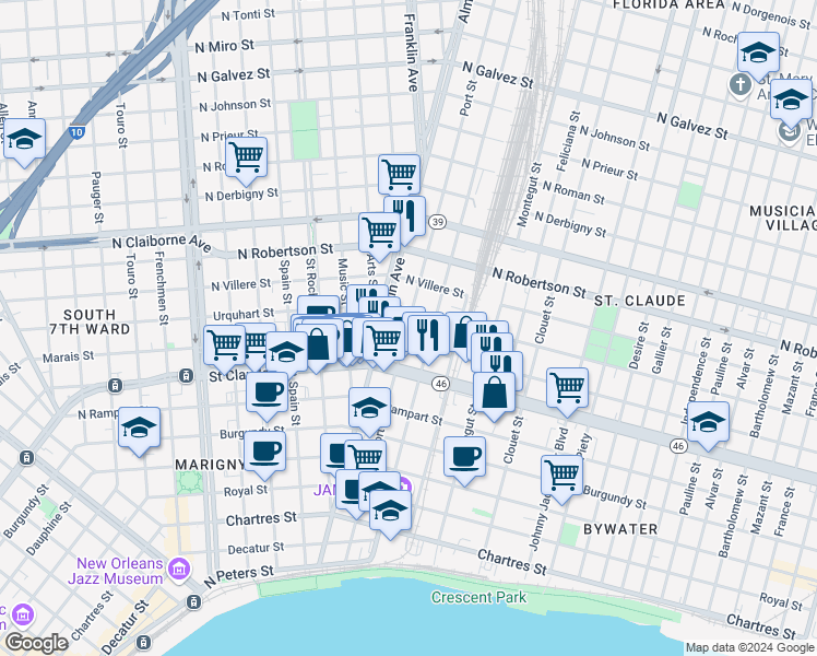 map of restaurants, bars, coffee shops, grocery stores, and more near 1222 Saint Ferdinand Street in New Orleans