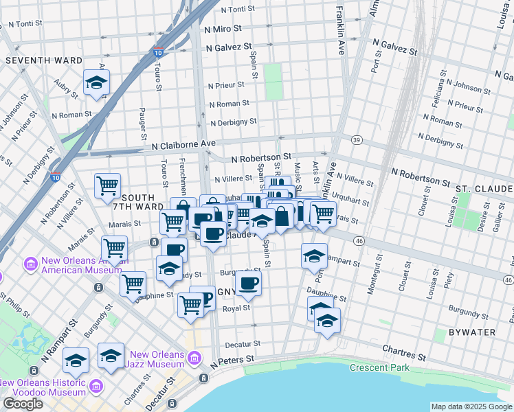 map of restaurants, bars, coffee shops, grocery stores, and more near 1209 Mandeville Street in New Orleans