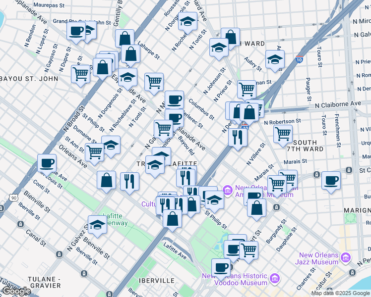 map of restaurants, bars, coffee shops, grocery stores, and more near 1216 North Prieur Street in New Orleans