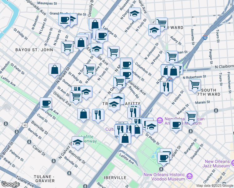 map of restaurants, bars, coffee shops, grocery stores, and more near 1120 North Johnson Street in New Orleans