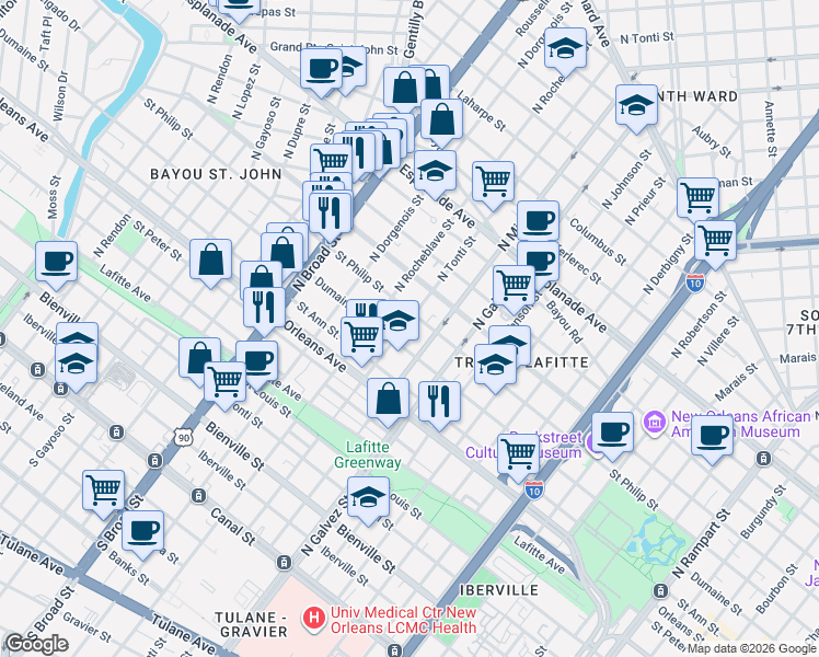 map of restaurants, bars, coffee shops, grocery stores, and more near in New Orleans