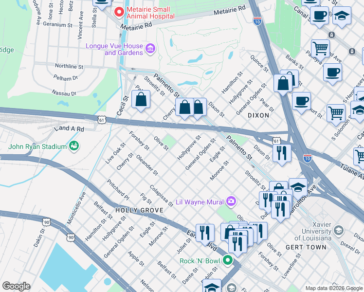 map of restaurants, bars, coffee shops, grocery stores, and more near 9016 Edinburgh Street in New Orleans