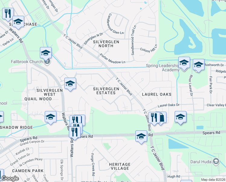 map of restaurants, bars, coffee shops, grocery stores, and more near 12402 Silversmine Drive in Houston