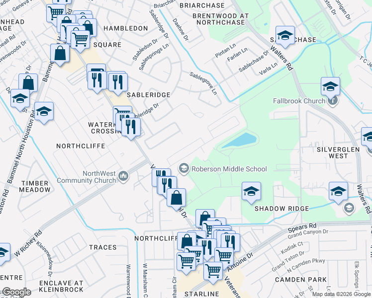 map of restaurants, bars, coffee shops, grocery stores, and more near 4159 Farmers Pass Road in Houston