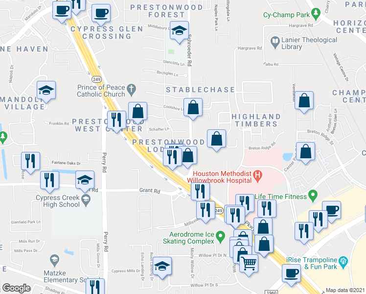 map of restaurants, bars, coffee shops, grocery stores, and more near 13210 Prestonwood Forest Drive in Houston