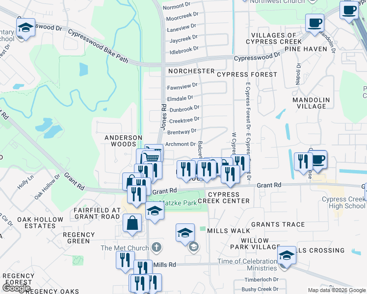 map of restaurants, bars, coffee shops, grocery stores, and more near 10715 Archmont Drive in Houston