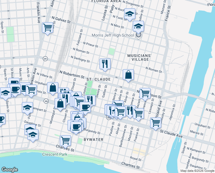 map of restaurants, bars, coffee shops, grocery stores, and more near 3419 North Villere Street in New Orleans