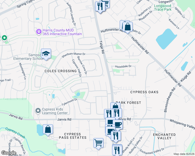 map of restaurants, bars, coffee shops, grocery stores, and more near 13134 Avalange Court in Cypress