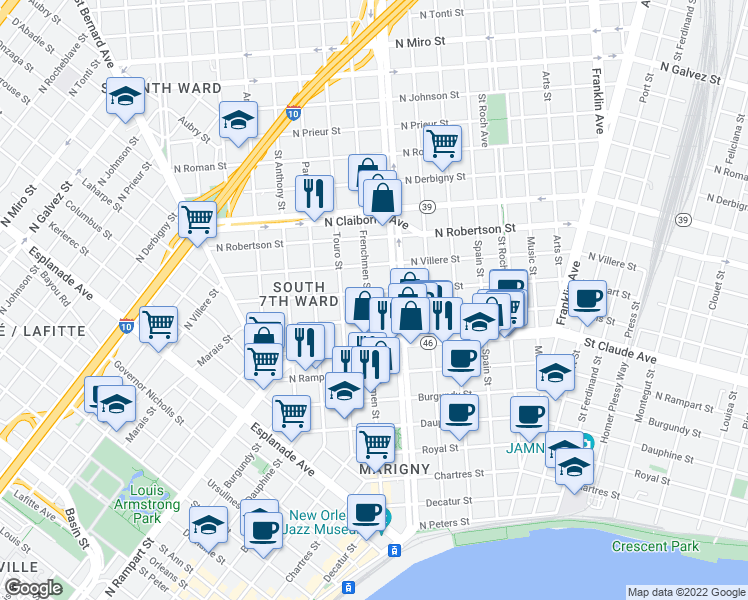 map of restaurants, bars, coffee shops, grocery stores, and more near 1222 Frenchmen Street in New Orleans