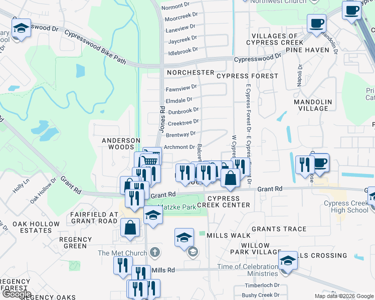map of restaurants, bars, coffee shops, grocery stores, and more near 10715 Archmont Drive in Houston