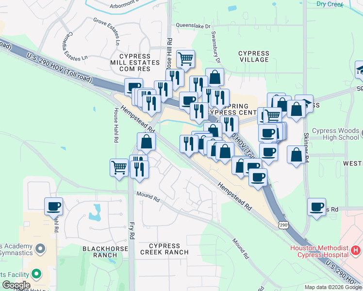 map of restaurants, bars, coffee shops, grocery stores, and more near 26026 Old Washington Road in Cypress