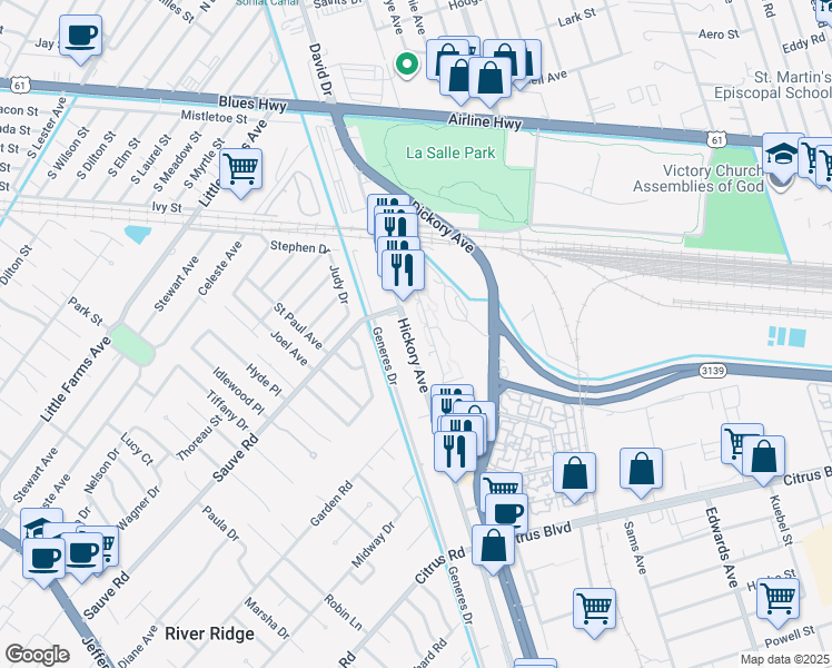 map of restaurants, bars, coffee shops, grocery stores, and more near 2201 Hickory Avenue in Harahan