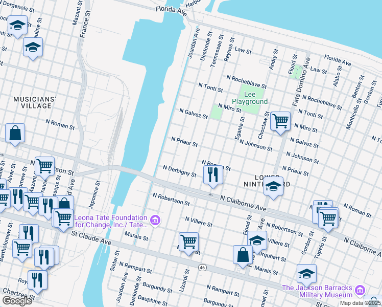 map of restaurants, bars, coffee shops, grocery stores, and more near 1813 Tennessee Street in New Orleans