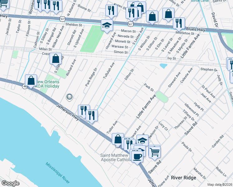 map of restaurants, bars, coffee shops, grocery stores, and more near 617 Dilton Street in River Ridge