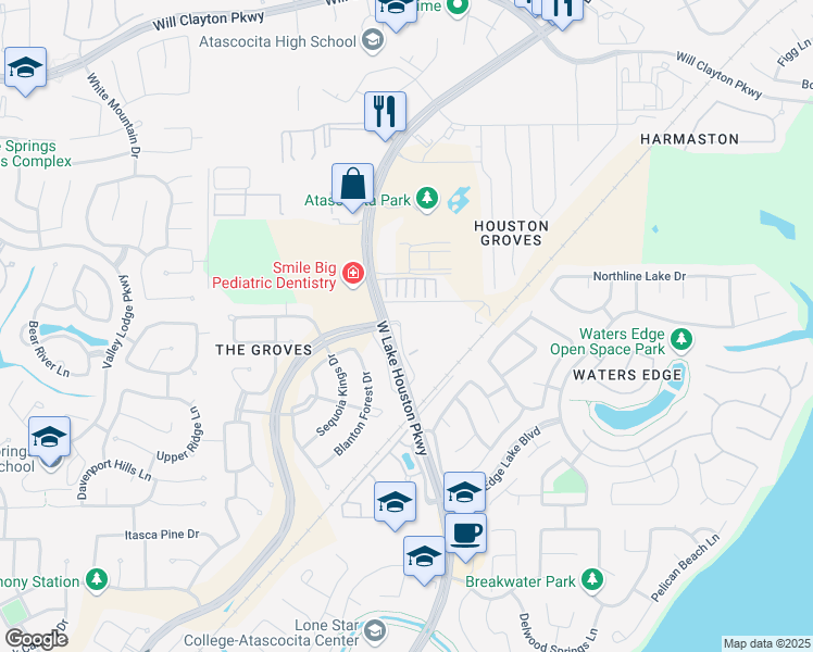 map of restaurants, bars, coffee shops, grocery stores, and more near 16848 West Lake Houston Parkway in Atascocita